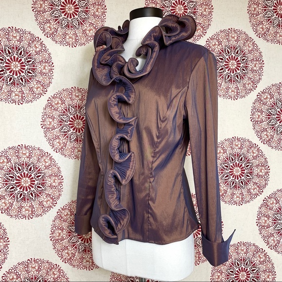 Samuel Dong Brown Ruffled Stretch Jacket Size M 8 - Picture 2 of 11